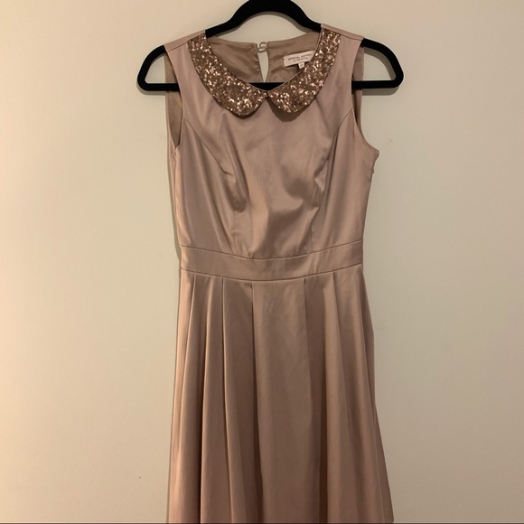 Satin sand colored skater dress with sequin collar - Picture 9 of 9